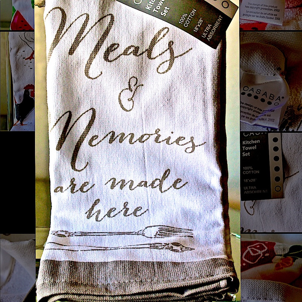 CASABA KITCHEN TOWELS SET/2 MEALS MEMORIES COTTON NEW